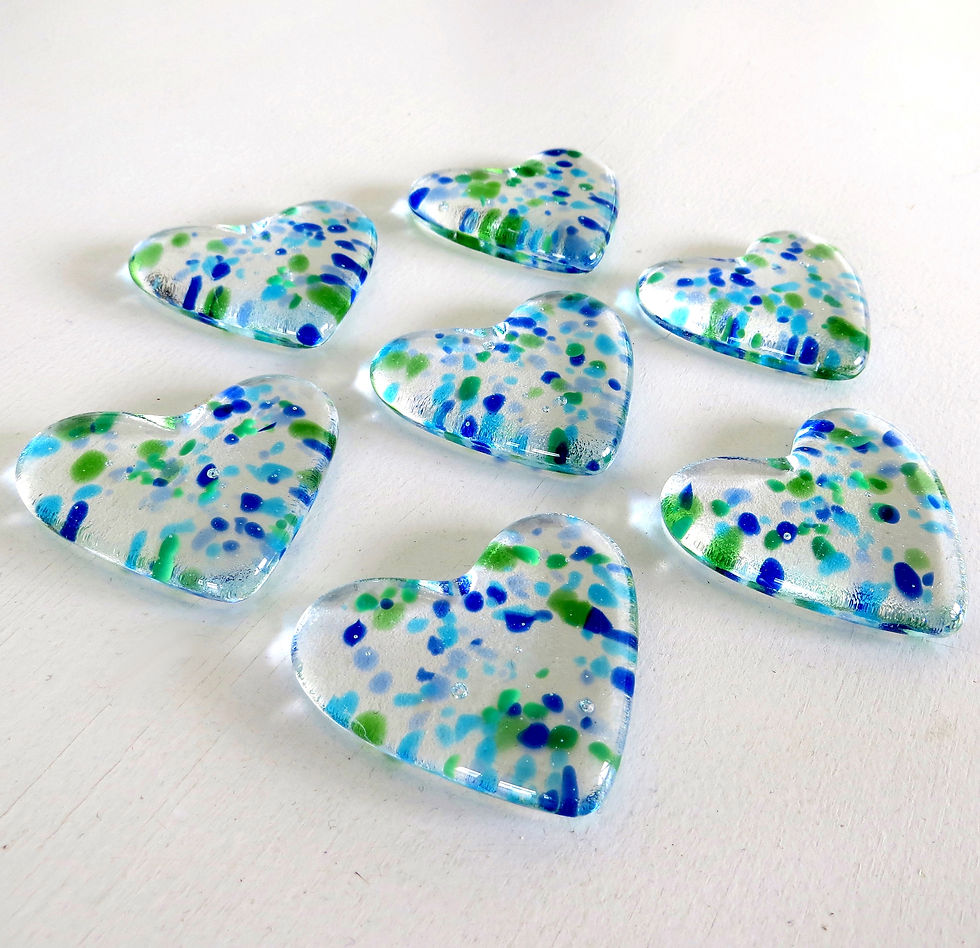 Thumbnail: Blue and green speckled fused glass pocket heart tokens, RD Glass