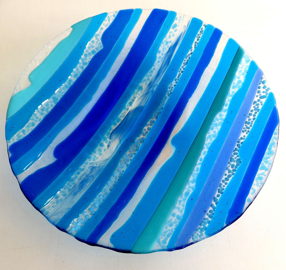 Thumbnail: Large round blue abstract fused glass bowl