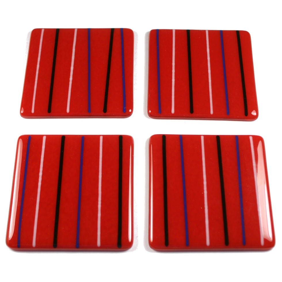 Thumbnail: Red lined fused glass coasters