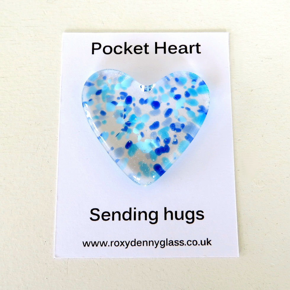 Thumbnail: Blue speckled fused glass pocket heart tokens, RD Glass