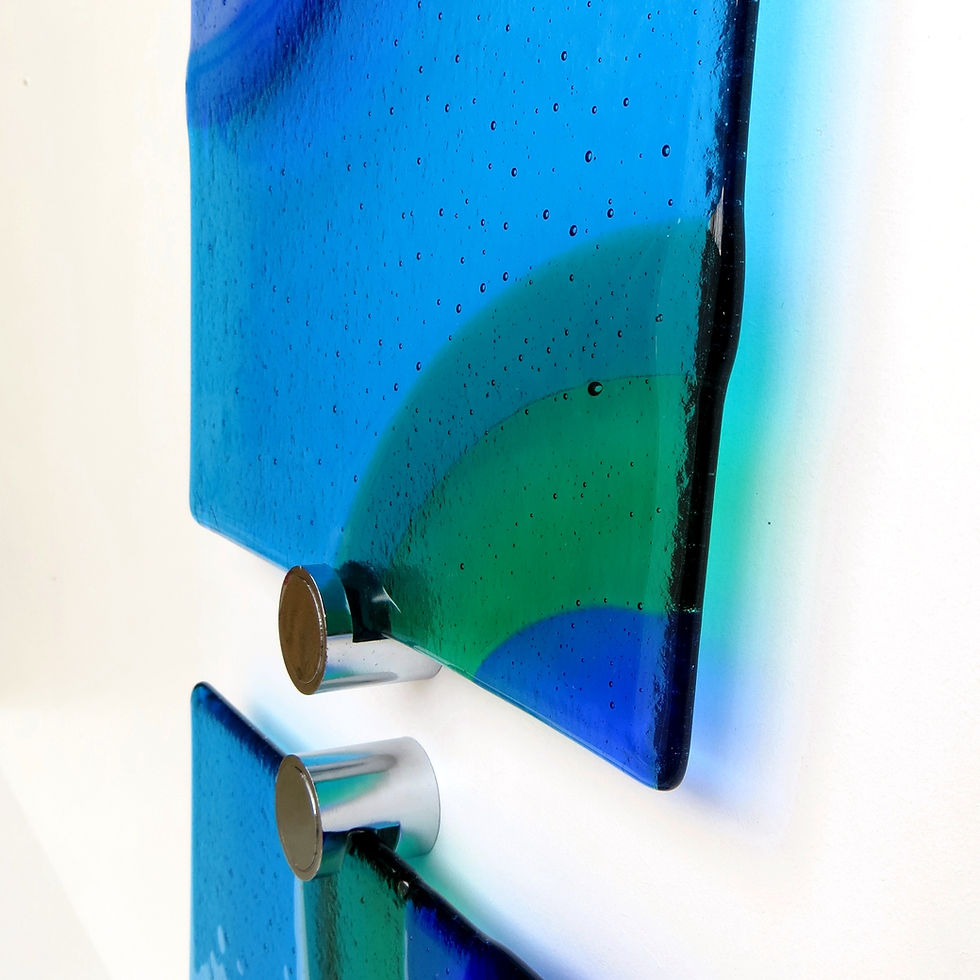 Thumbnail: Blue and green geometric fused glass triptych