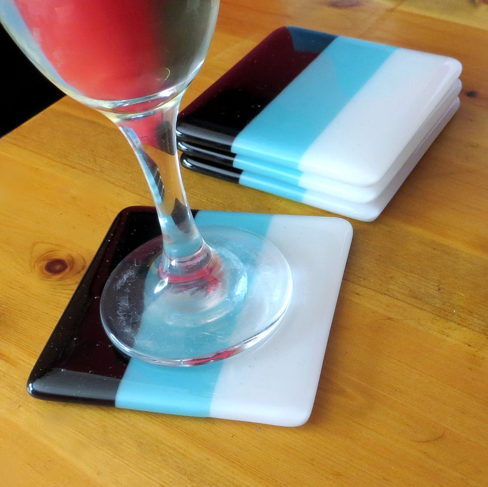 Thumbnail: Blue, black and white fused glass coasters