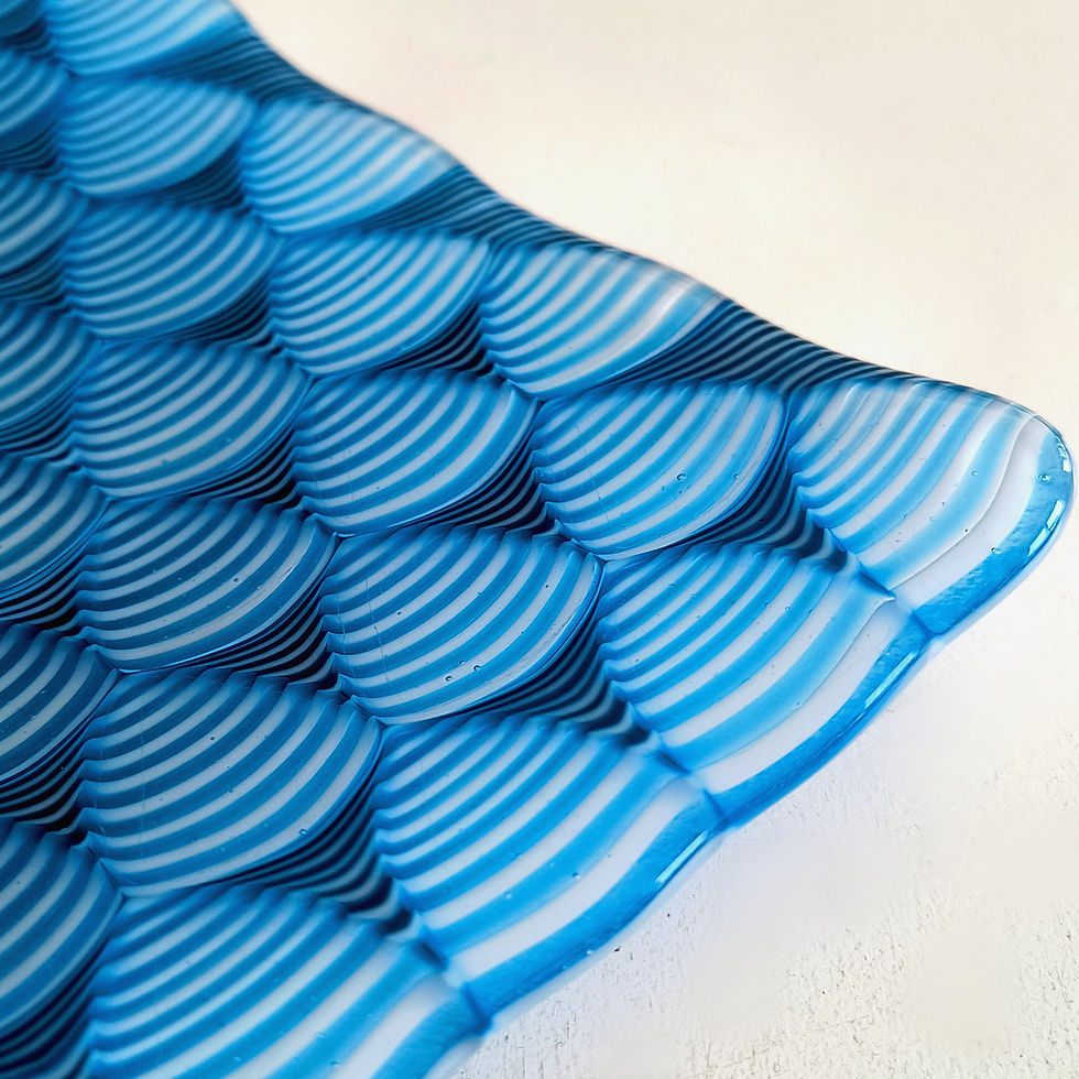 Thumbnail: Handmade blue and white abstract patterned fused glass bowl