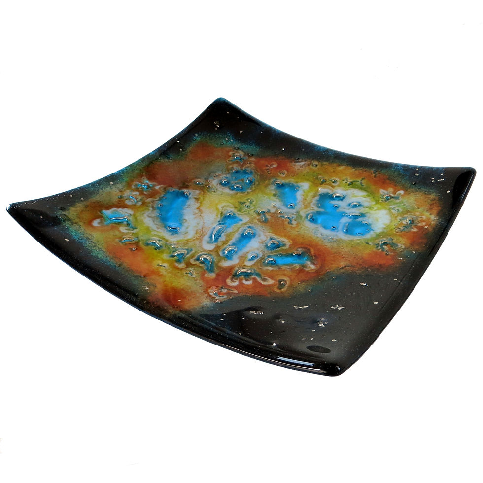 Thumbnail: Colourful square fused glass bowl
