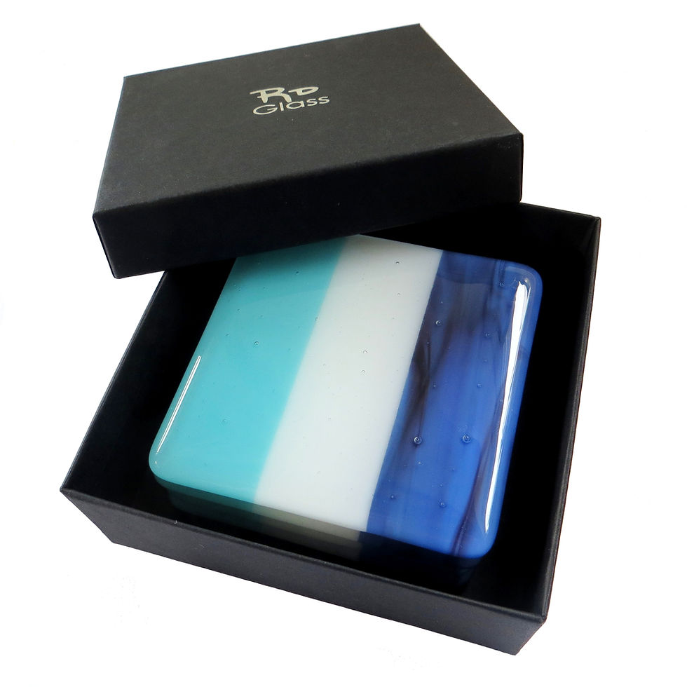 Thumbnail: Gift boxed blue striped fused glass coasters