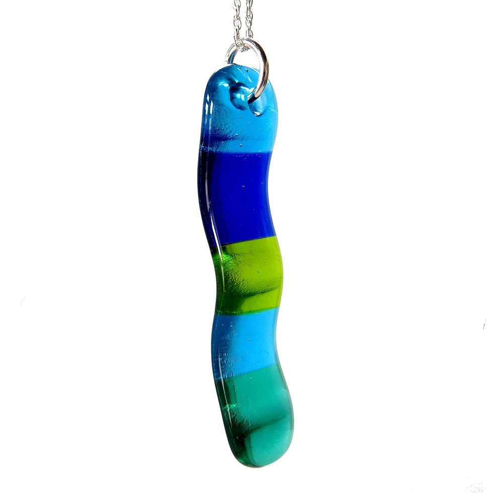 Thumbnail: Blue and green striped wavy fused glass necklace