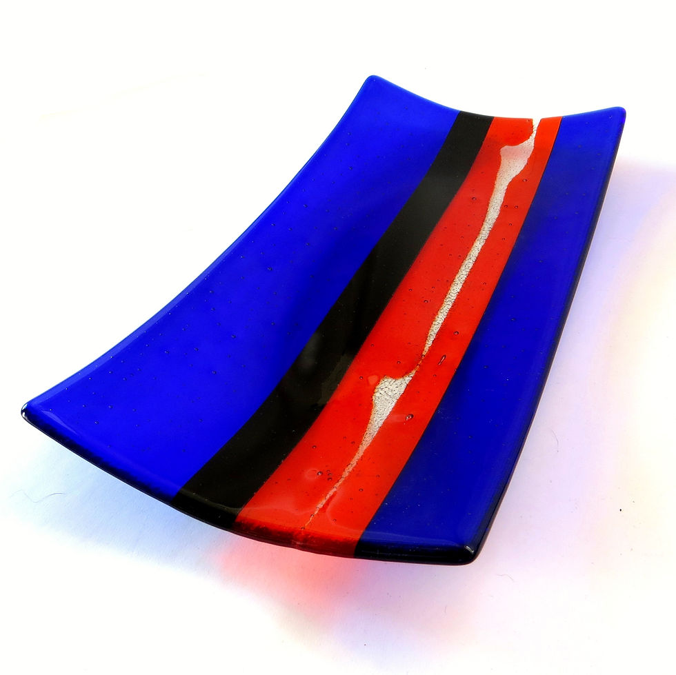 Thumbnail: Blue and orange rectangular fused glass platter
