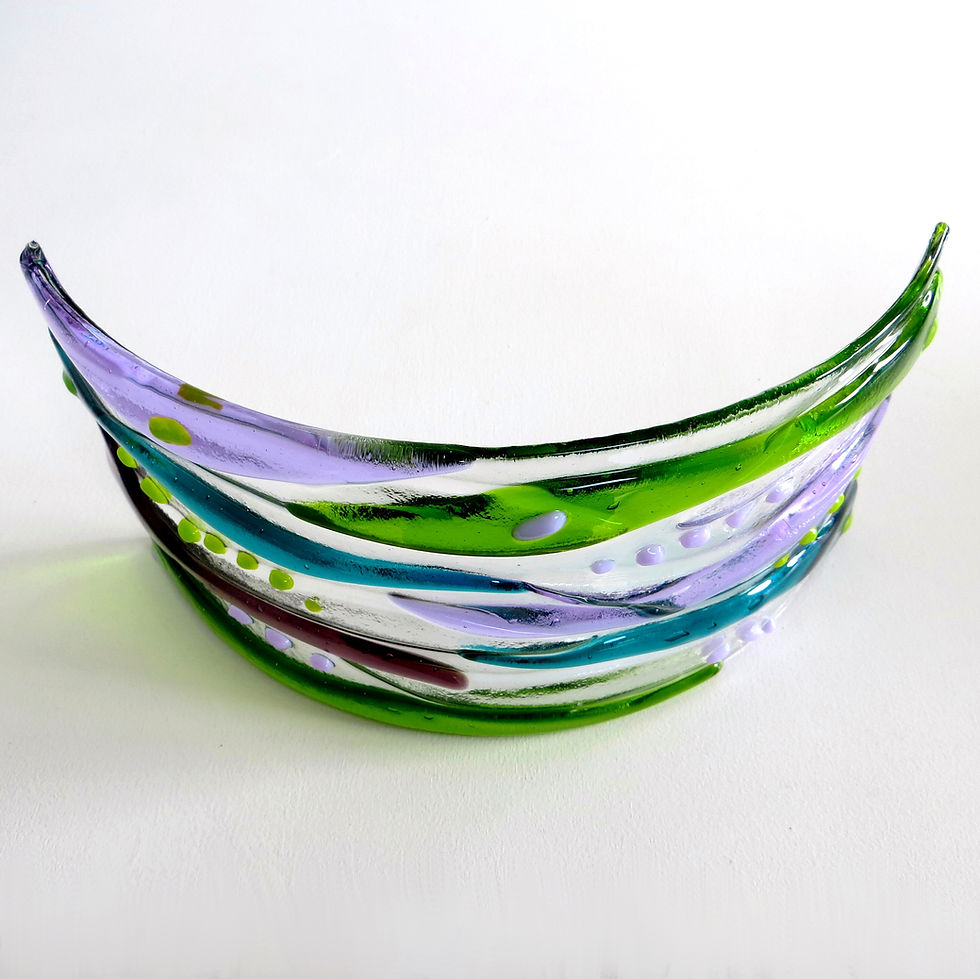 Thumbnail: Green and purple water inspired fused glass freestanding art curve
