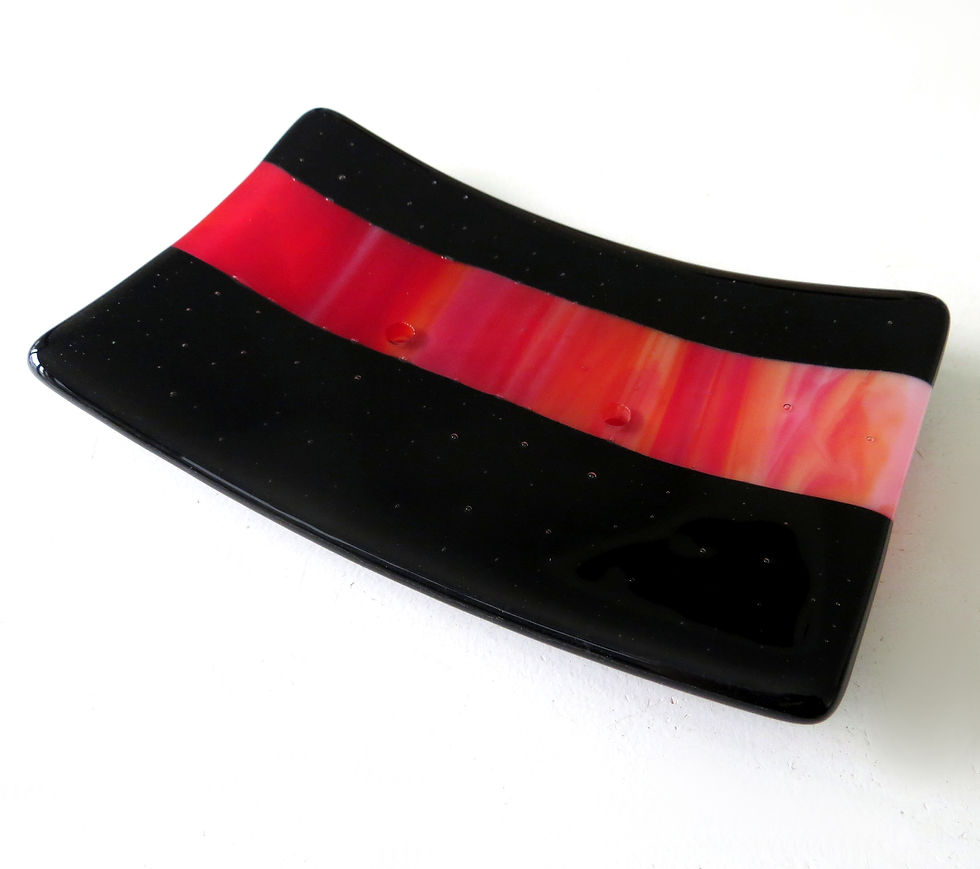 Thumbnail: Black and red fused glass soap dish with drainage holes