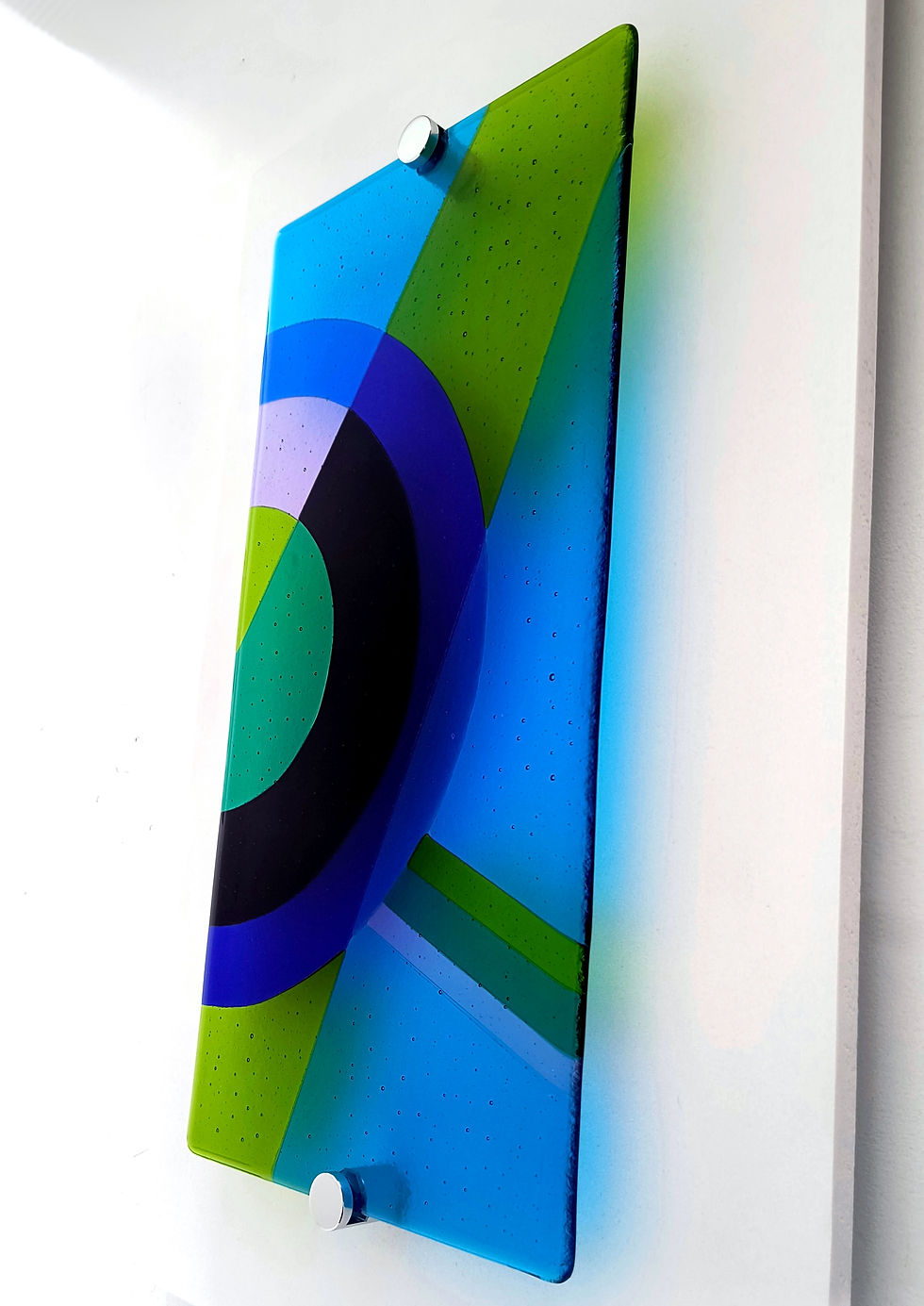 Thumbnail: Blue and green handmade geometric fused glass wall art