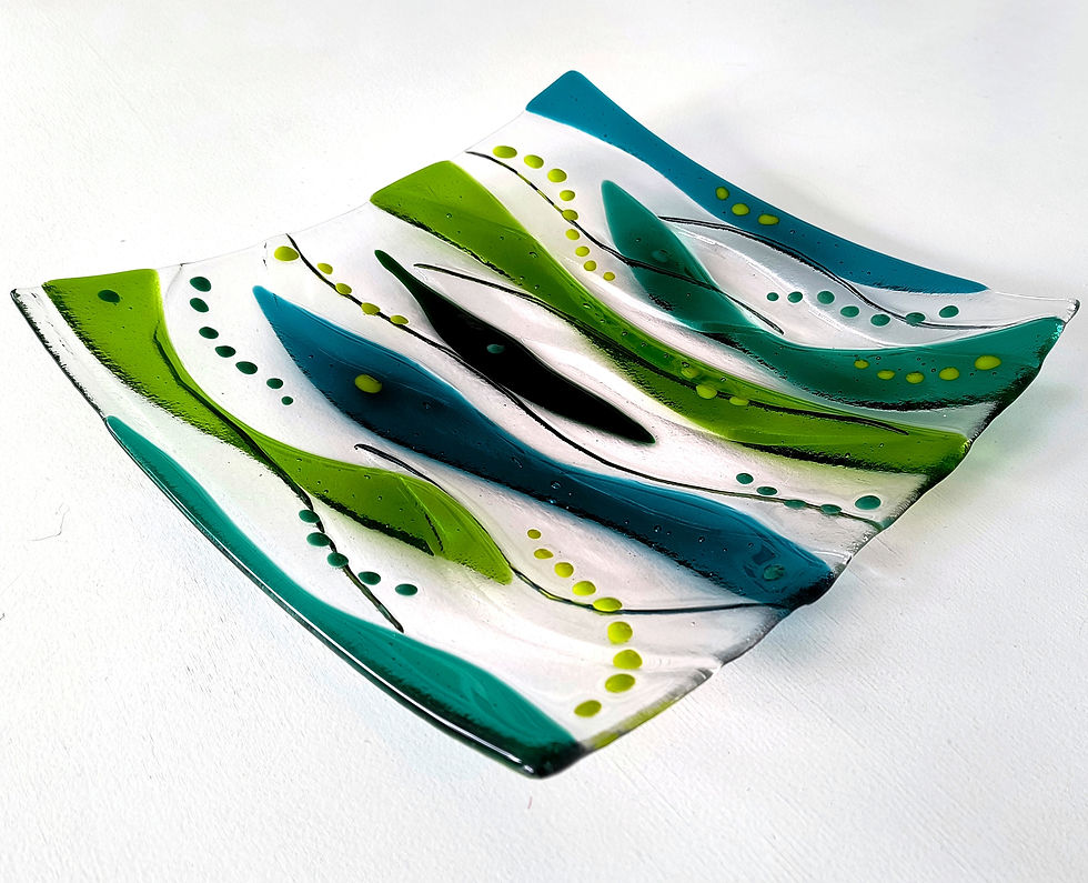 Thumbnail: Abstract water inspired green fused glass dish