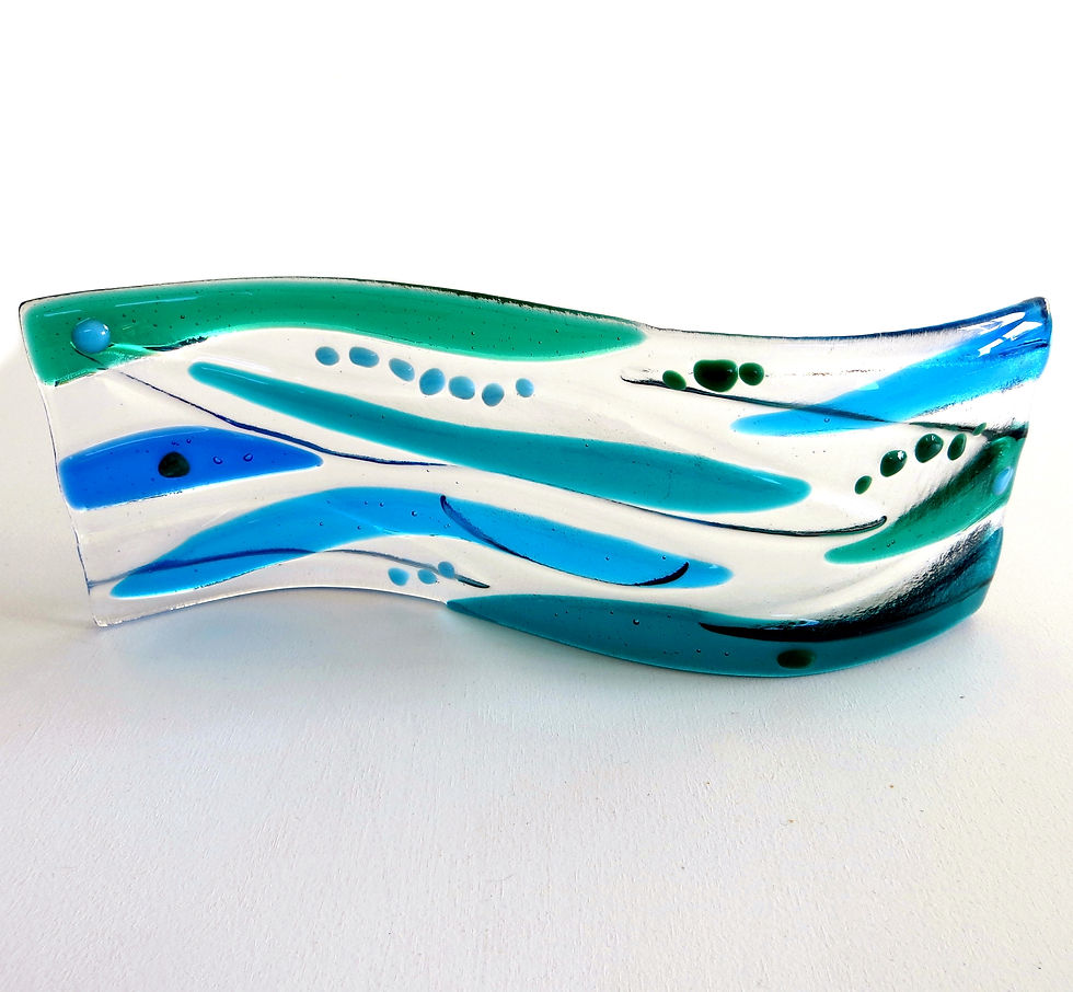 Thumbnail: Blue and green abstract fused glass wave, RD Glass