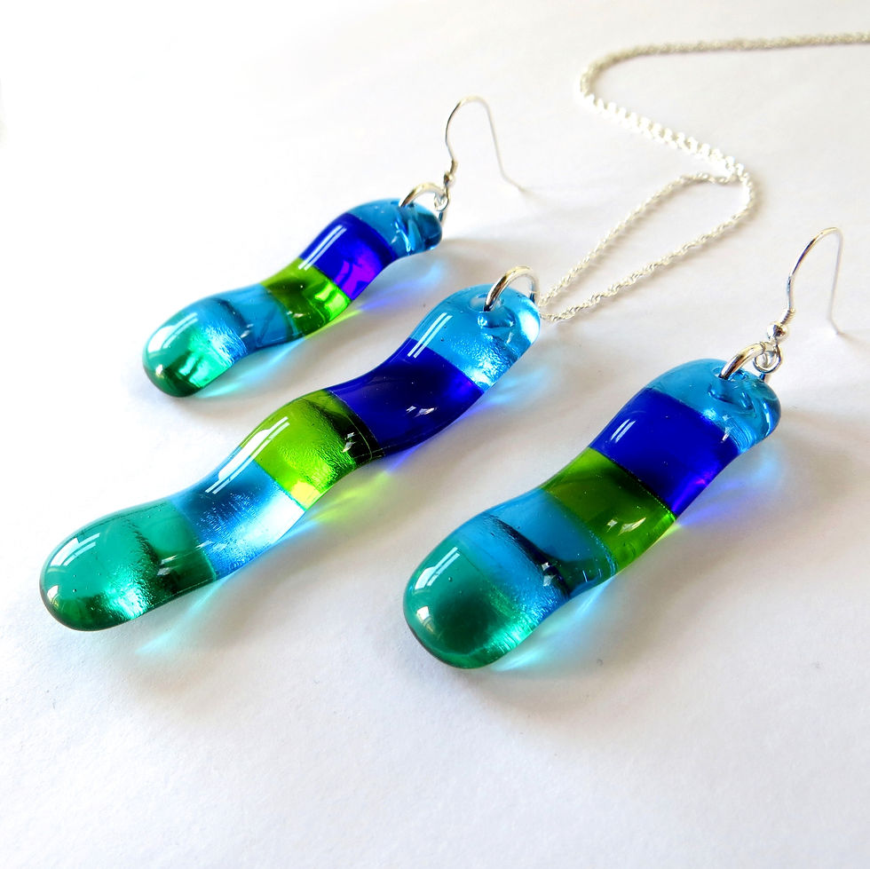 Thumbnail: Blue and green fused glass necklace and earring set