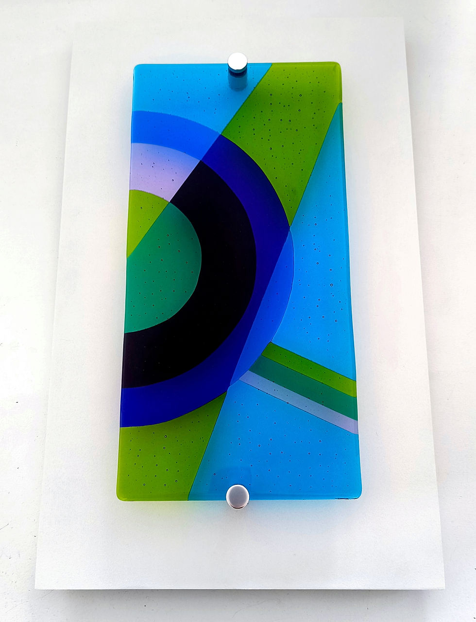 Thumbnail: Blue and green abstract geometric fused glass wall panel