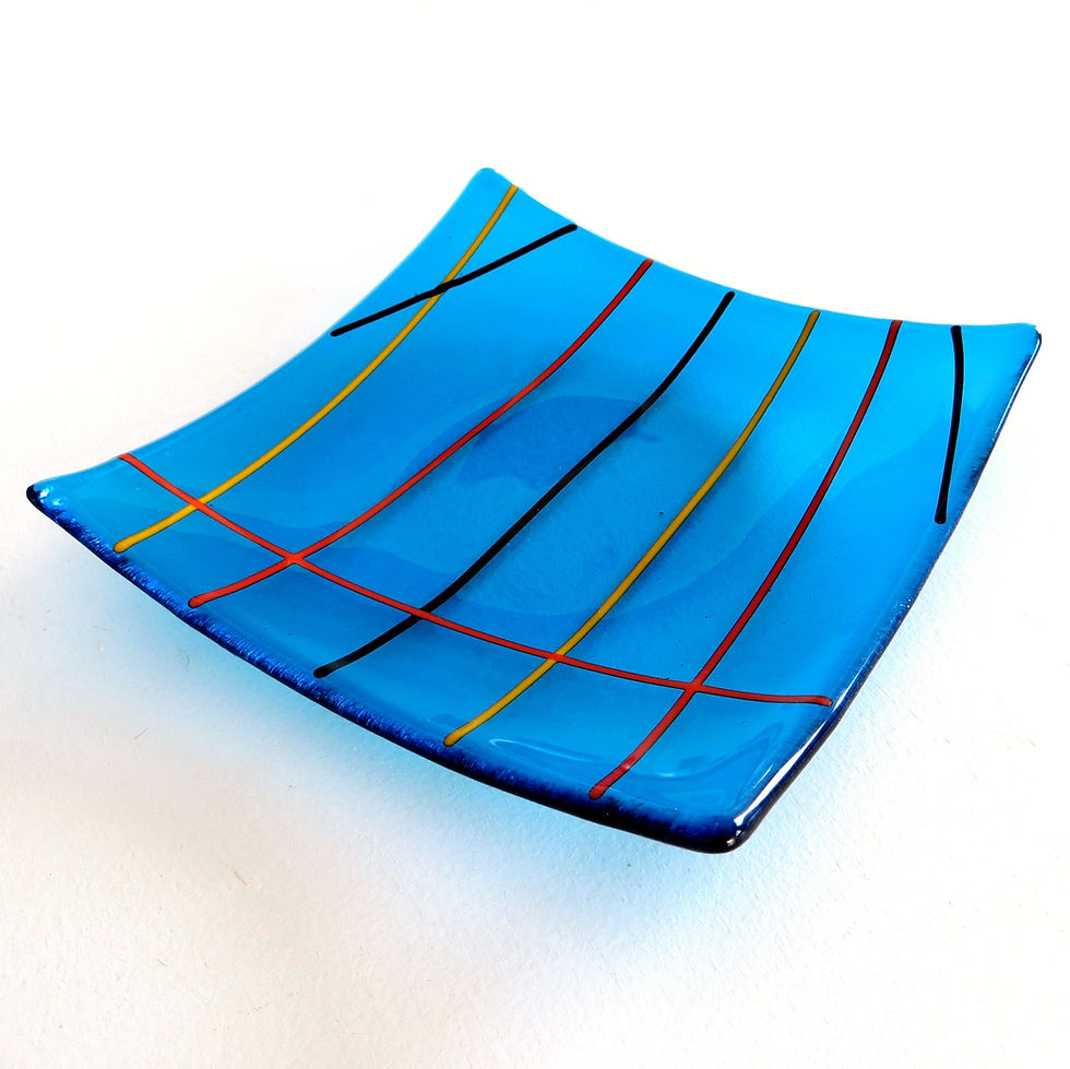 Thumbnail: Blue lined handmade fused glass dish