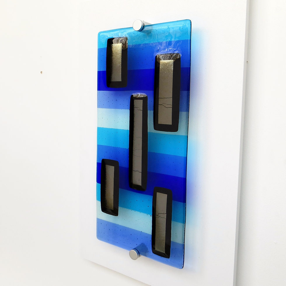 Thumbnail: Blue and silver abstract fused glass wall art