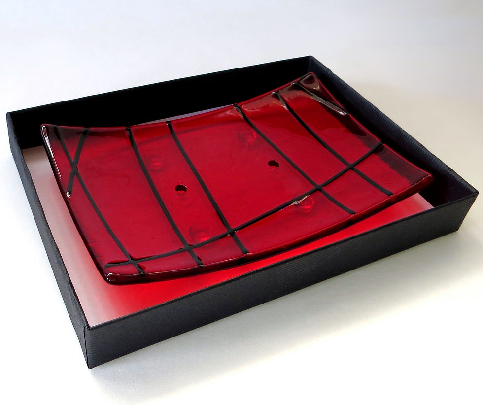 Thumbnail: Gift boxed red lined fused glass soap dish