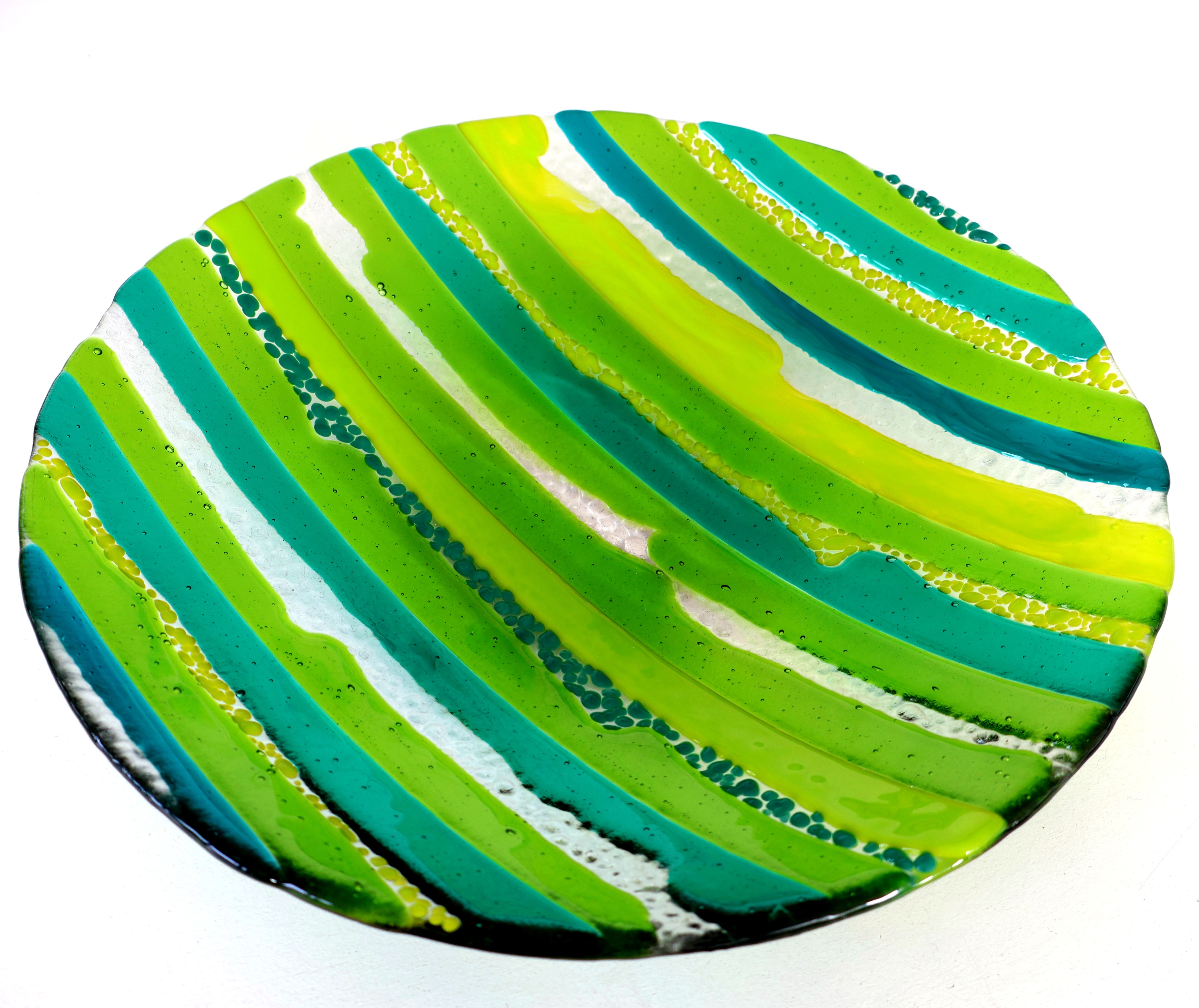 Large green abstract fused glass bowl, RD Glass