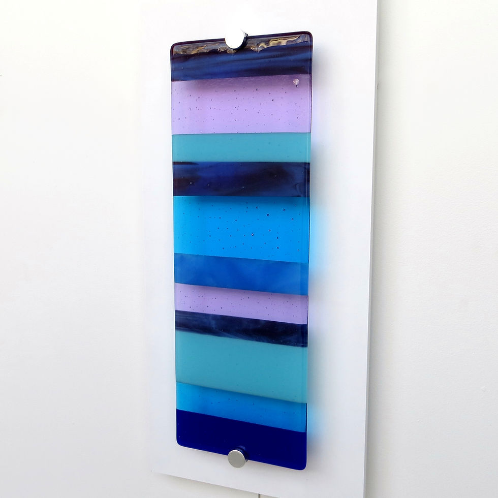 Thumbnail: Blue and purple striped fused glass wall art