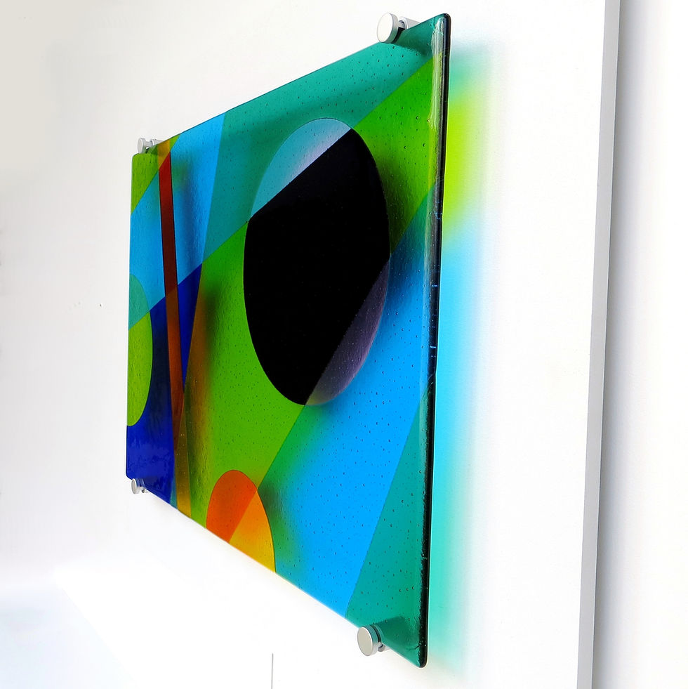Thumbnail: Blue and green abstract fused glass wall panel