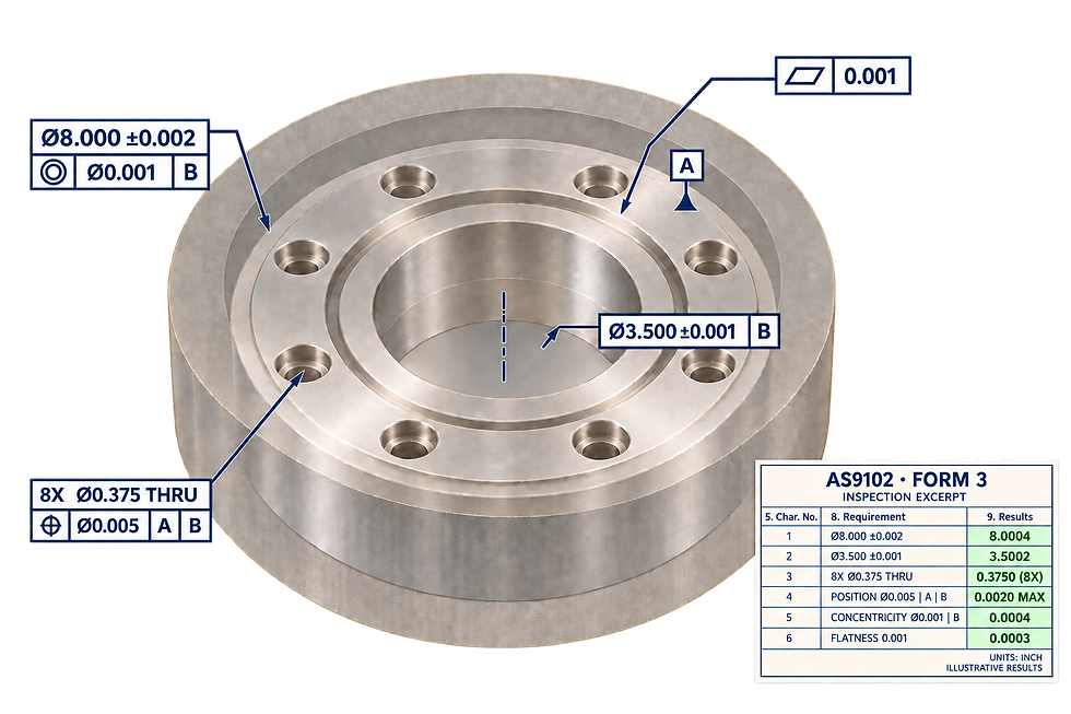 Illustrative turned flange with dimensional and geometric callouts and an example inspection-results table.