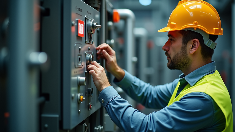 Close-up view of a safety engineer inspecting industrial equipment