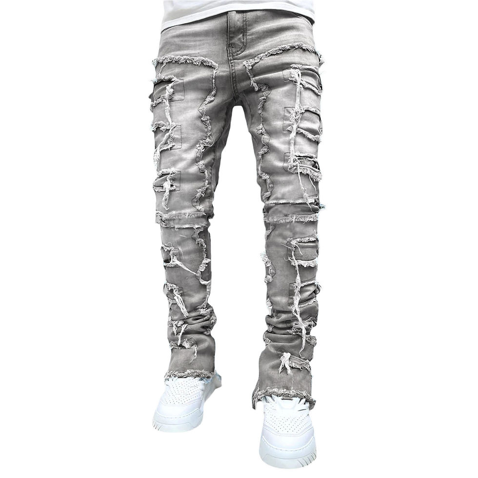 Thumbnail: Men's Regular Fit Stacked Jeans Ripped Slim Fit Patch Distressed Destroyed Strai