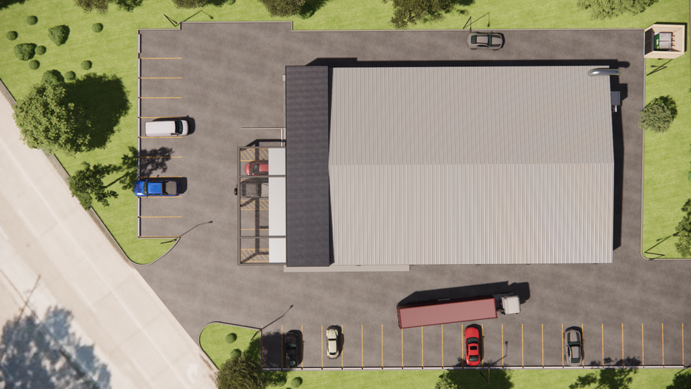 Aerial view of mechanic shop design showing site layout and circulation