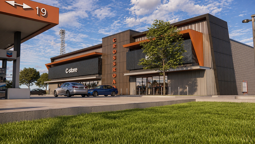 The CrossRoad modern gas station architectural design by Vitruviuss featuring a contemporary convenience store, retail market, and fuel canopy rendering.