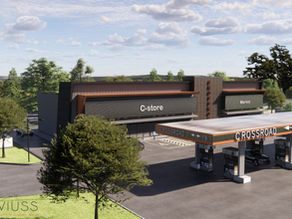 The CrossRoad modern gas station architectural design by Vitruviuss featuring a contemporary convenience store, retail market, and fuel canopy rendering.
