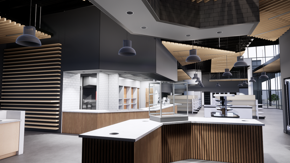 Hot food and beverage station design with durable commercial materials