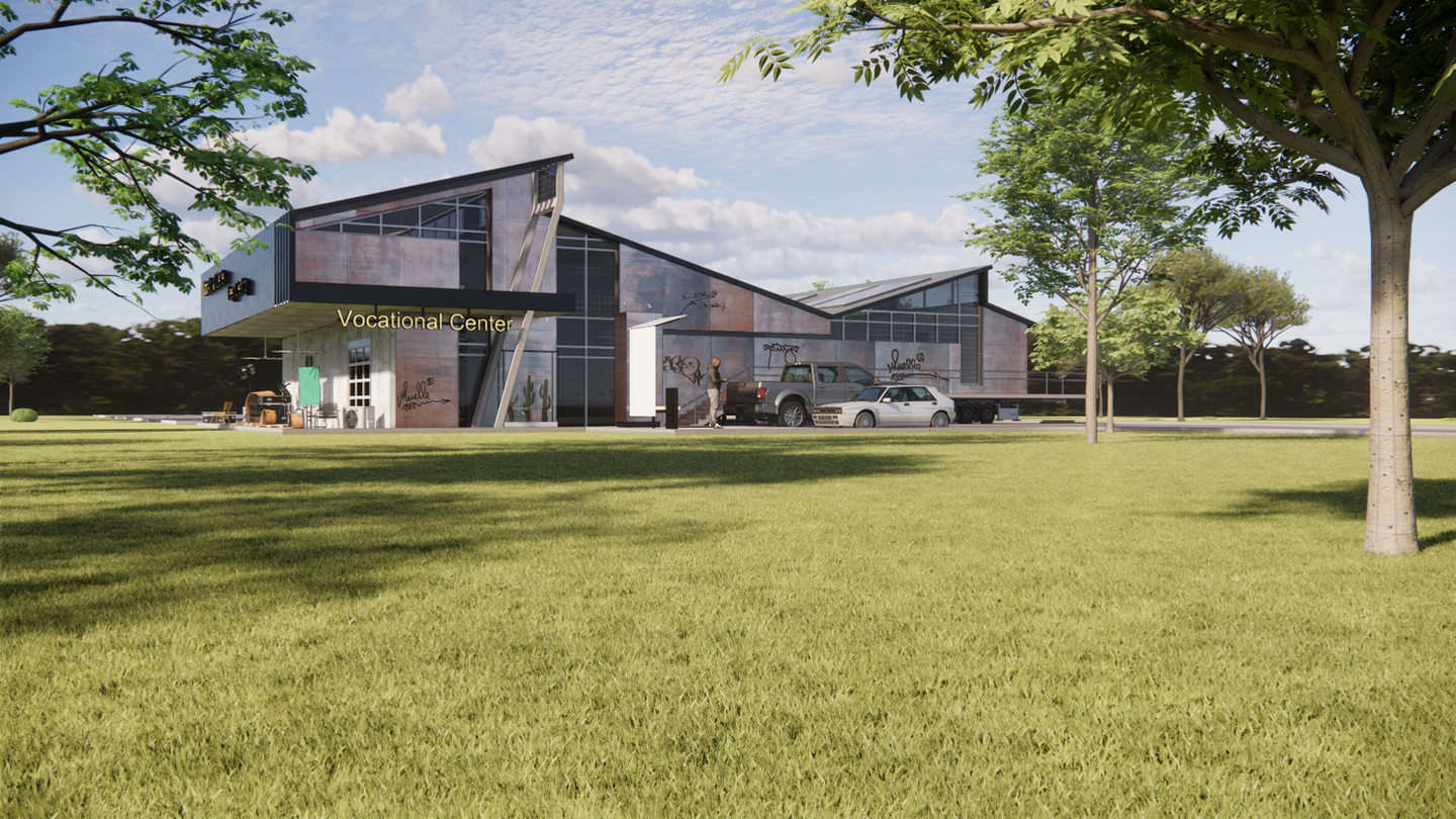 Industrial-style vocational training center exterior rendering