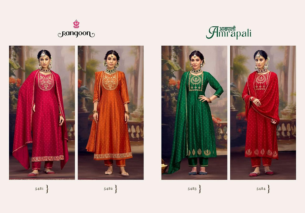 Lily & Lali color chart for Amrapali catalog displaying 4 colors orange, dark green, red and rani