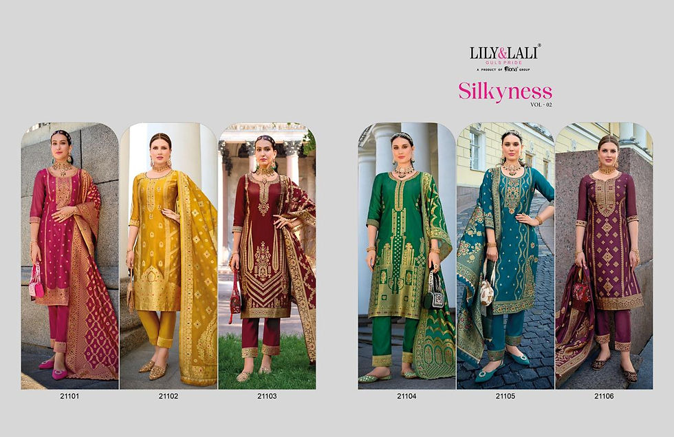 Thumbnail: Lily & Lali poster for silkyness-2  catalog displaying 6 colors green, mustard, maroon, wine, peacock blue and rust color