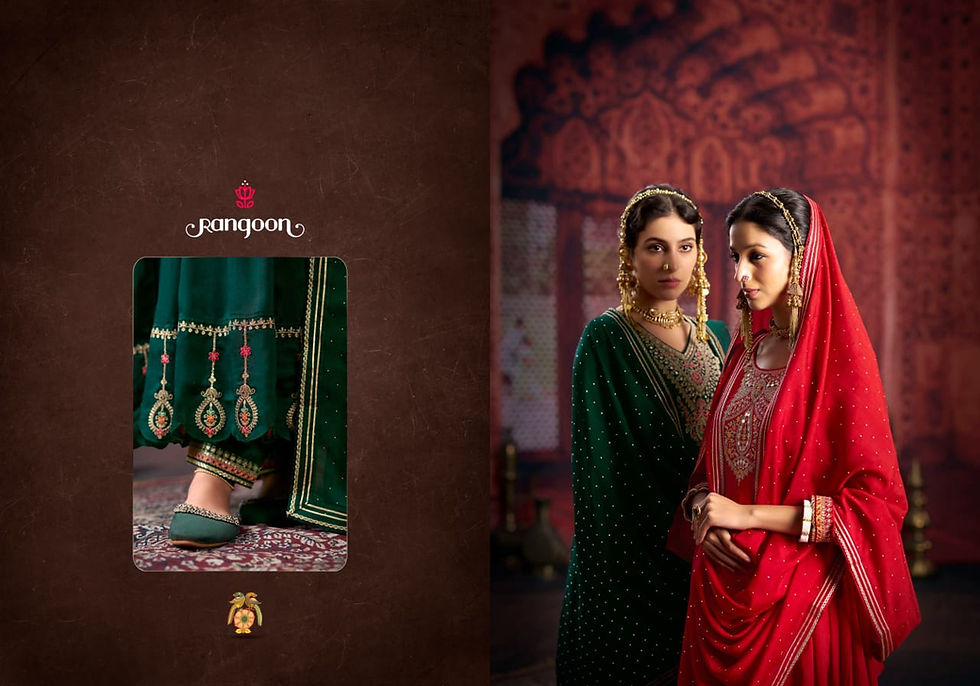 थंबनेल: Rangoon Shangar Bottle Green and Red colour Model shoot