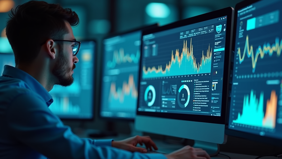 Close-up view of a technician monitoring cybersecurity dashboard