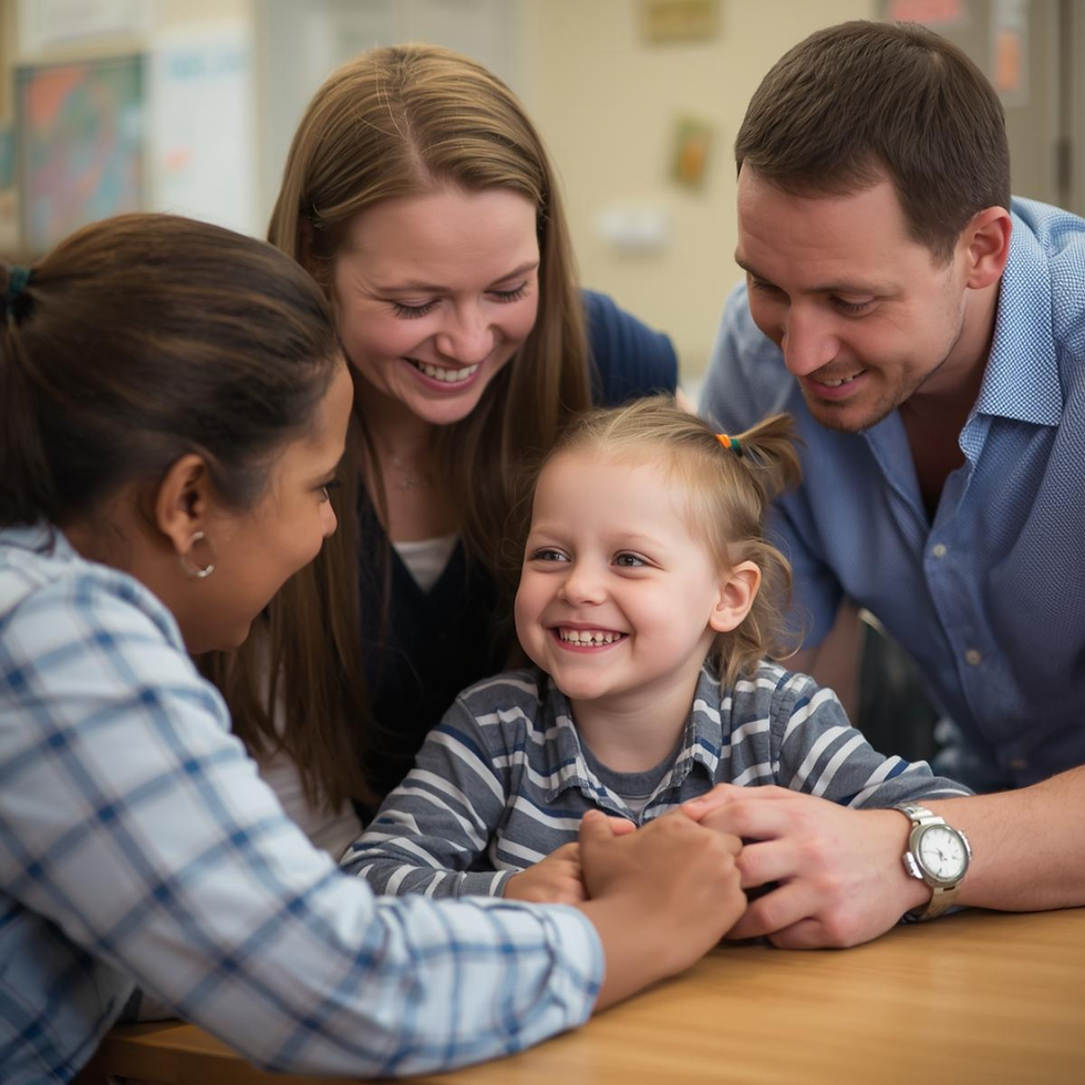 Smiling child surrounded by three adults at a table, all laughing. The setting is a bright, casual room. Emotion is joyful and warm.