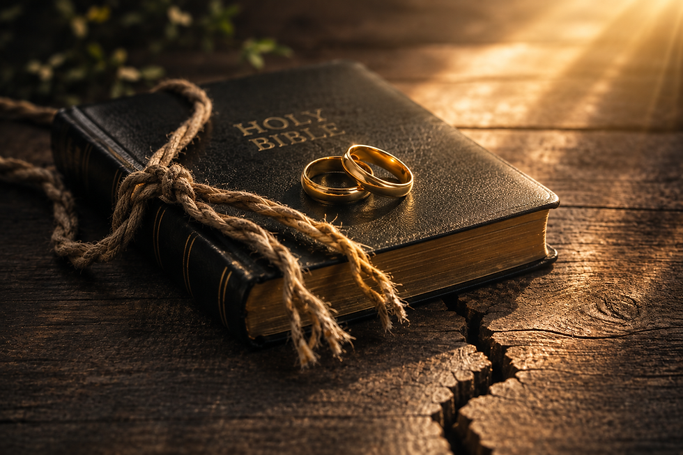 The Covenant - a Bible, wedding rings, and a frayed cord.
