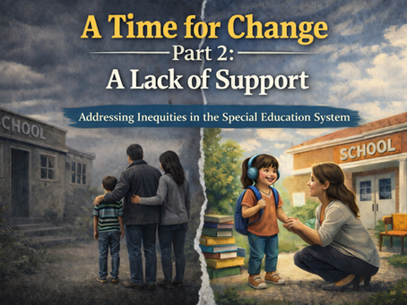 People outside two contrasting schools, highlighting inequities in special education. Bright colors on one side, muted gray on the other.