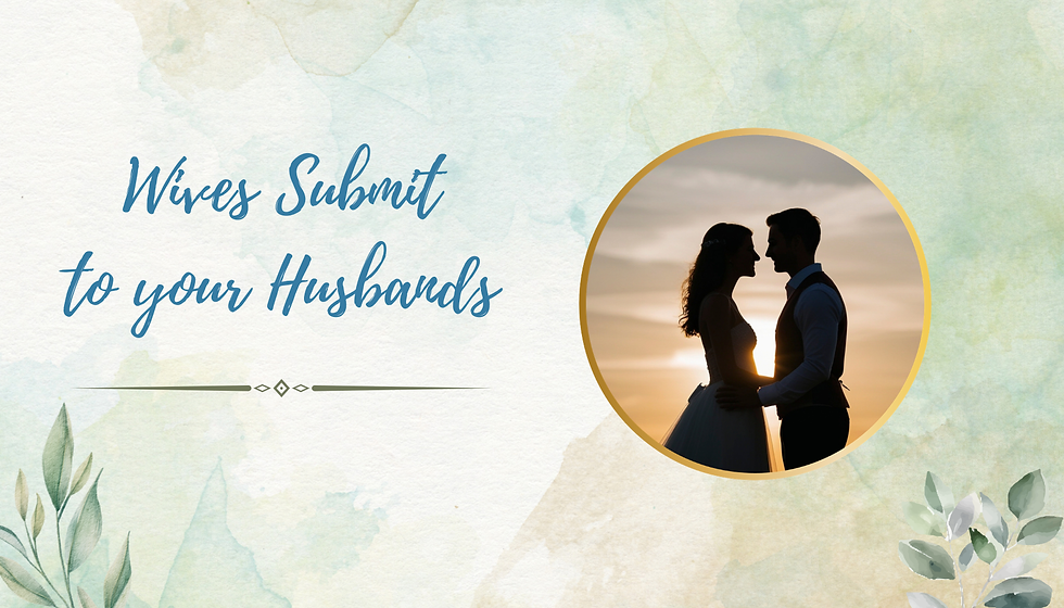 Watercolor-style graphic with text Wives Submit to your Husbands beside a sunset silhouette of a couple embracing.