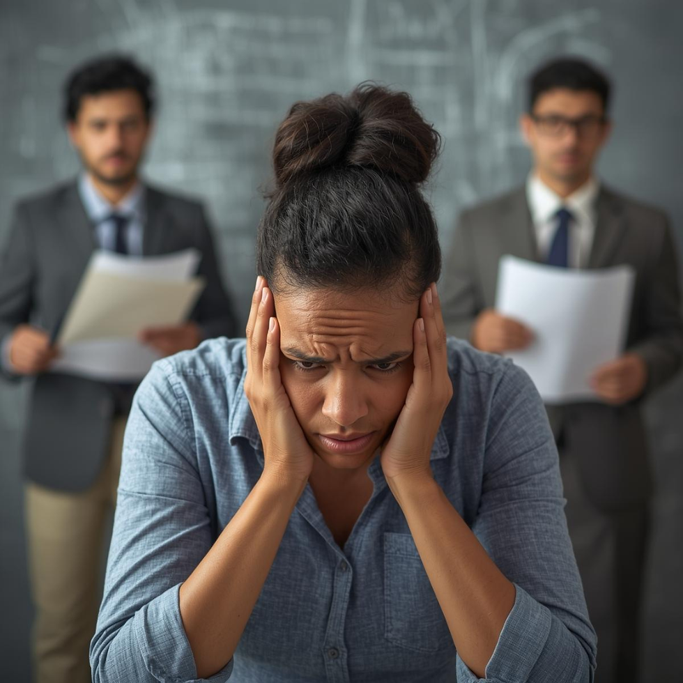 A worried woman holds her head in a classroom setting. Two men in suits stand behind her holding papers, with a chalkboard in the background.