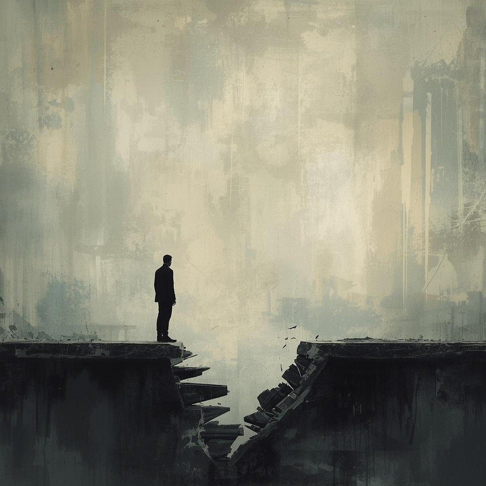 A solitary figure stands at the edge of a broken bridge against a textured, muted background, conveying a sense of solitude and contemplation.