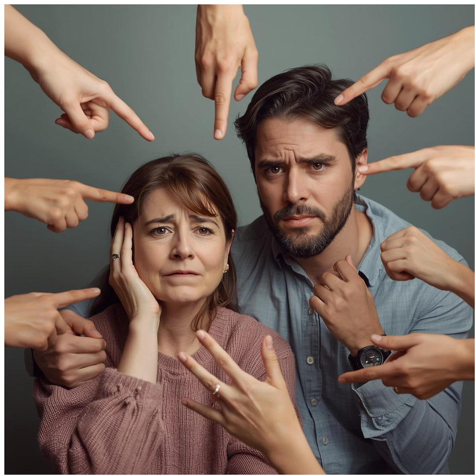 Concerned parents, surrounded by pointing hands, in a gray setting, conveying pressure and stress. No visible text or notable colors.
