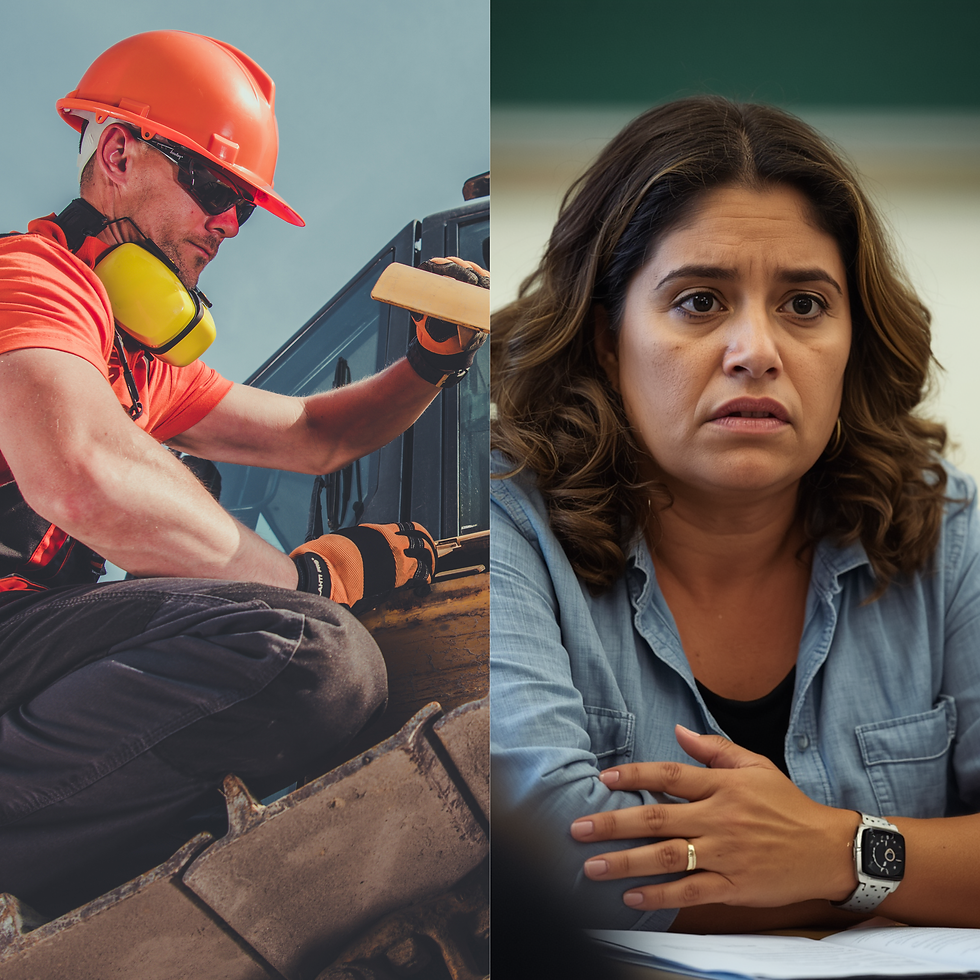 Construction worker in orange gear works on machinery outdoors. Beside, a woman in a blue shirt sits indoors, appearing concerned.