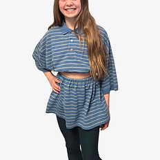 child student in upcycled outfit