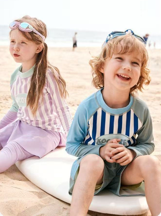 縮圖：Purple Kids' Striped 3-Piece Swimsuit Set: The Dopamine Drip