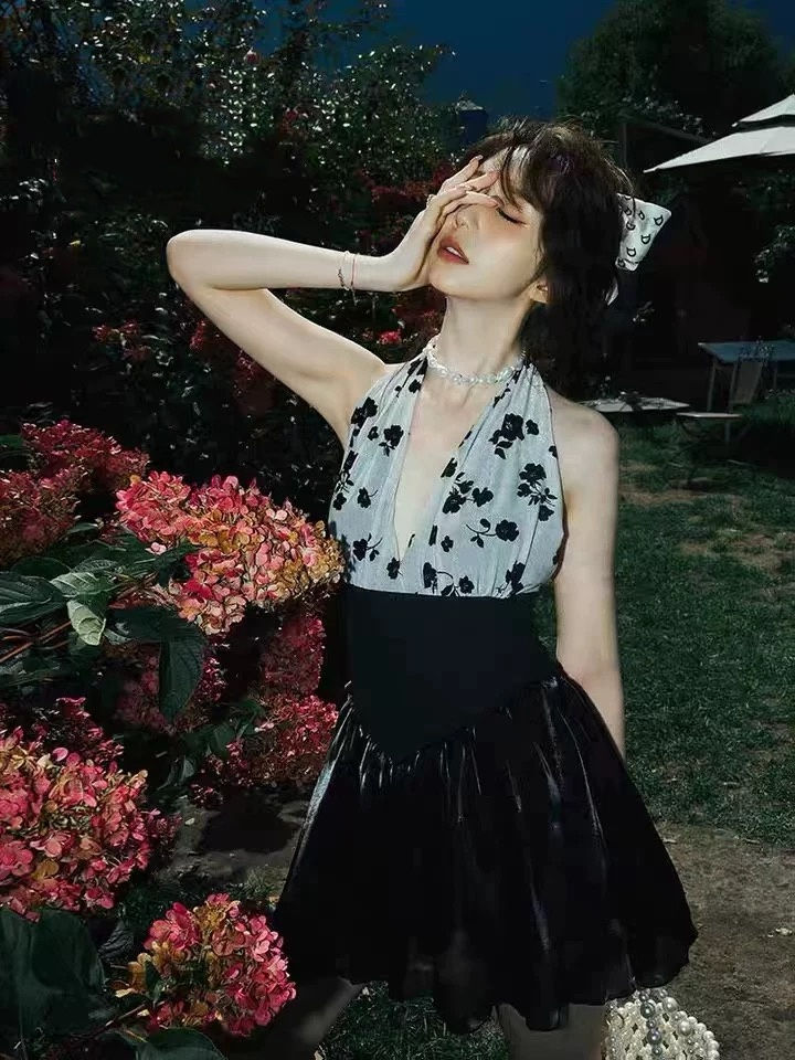 Thumbnail: Retro Black and White Floral Halter Neck Pearlescent One-Piece Swimsuit Dress