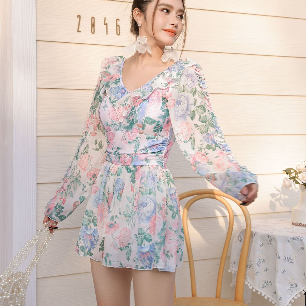 縮圖：Blue and Pink Floral Long-Sleeve One-Piece Swim Dress