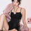 Thumbnail: Elegant Black Small  Floral Jacquard Dress with Waist Tie & Detachable Cover Up