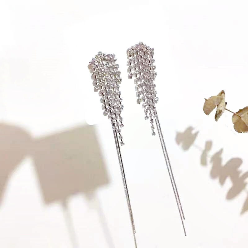 縮圖：Gold/Silver Extra-Long Zircon Tassel Earrings | Women's Earrings